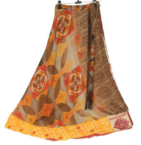 Sushila Vintage Floral Saree Magic Wrap Reversible Skirt Art Silk Beach Dress Yellow