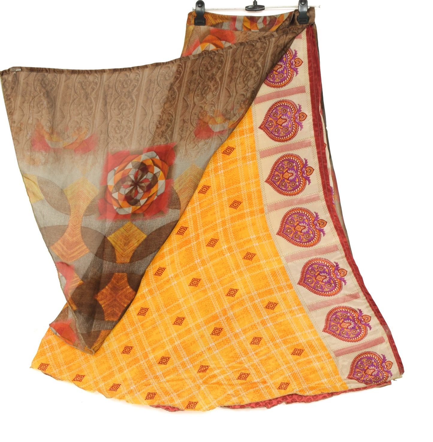Sushila Vintage Floral Saree Magic Wrap Reversible Skirt Art Silk Beach Dress Yellow