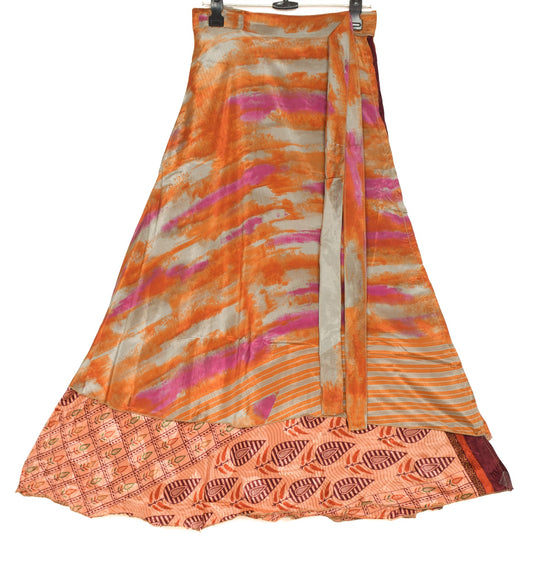 Sushila Vintage Art Silk Saree Magic Wrap Floral Peach Reversible Skirt Beach Dress