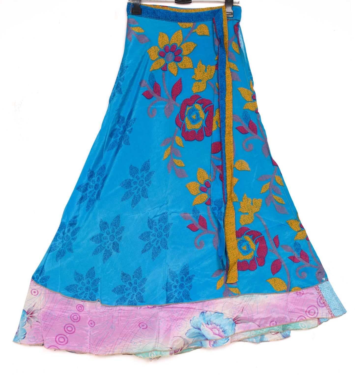 Sushila Vintage Blue Saree Magic Wrap Reversible Skirt Handmade Art Silk Beach Dress
