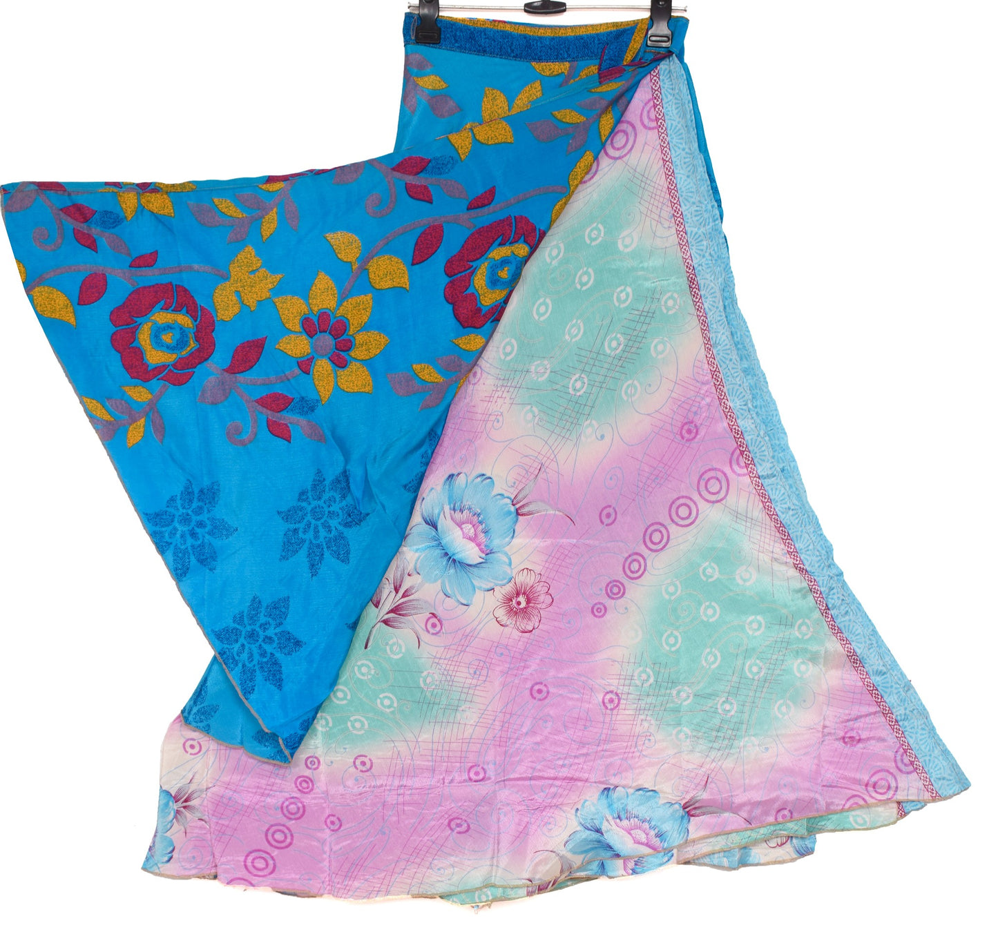Sushila Vintage Blue Saree Magic Wrap Reversible Skirt Handmade Art Silk Beach Dress