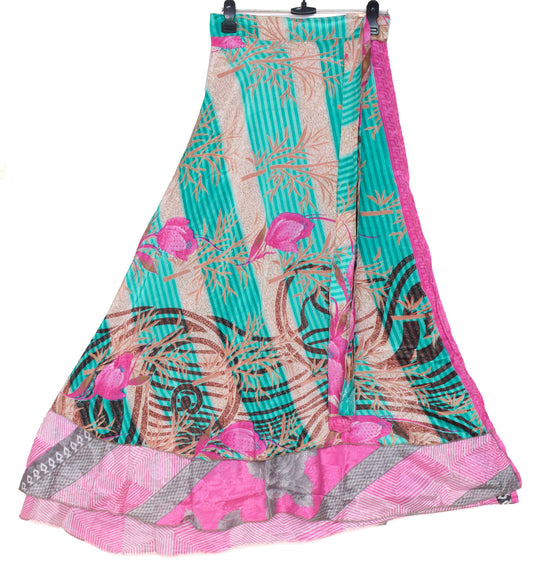 Sushila Vintage Art Silk Saree Magic Wrap Reversible Skirt Beach Dress Floral Pink