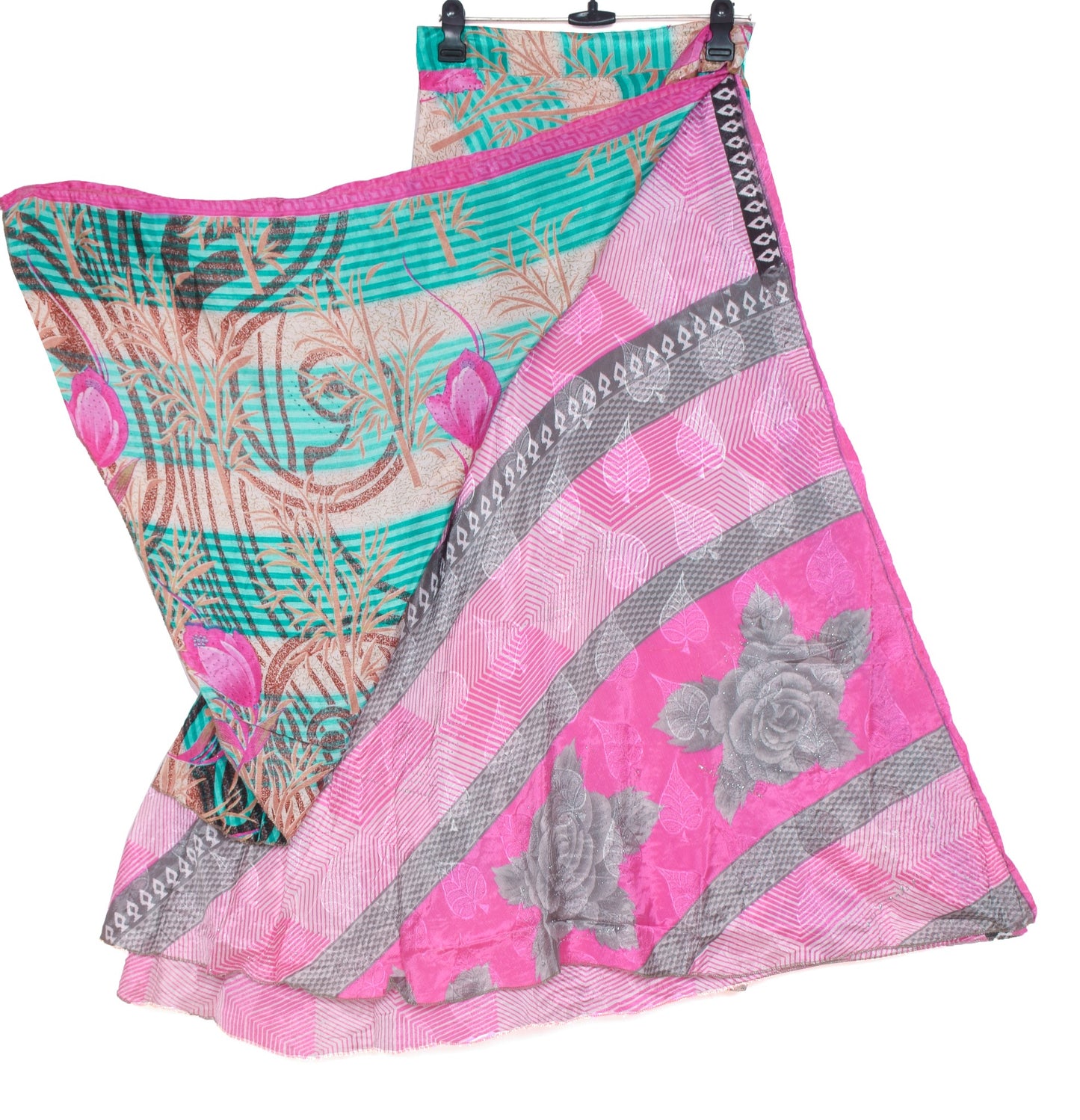 Sushila Vintage Art Silk Saree Magic Wrap Reversible Skirt Beach Dress Floral Pink