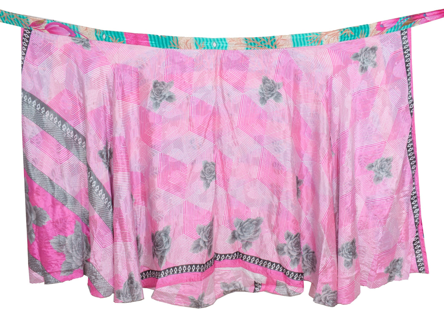Sushila Vintage Art Silk Saree Magic Wrap Reversible Skirt Beach Dress Floral Pink
