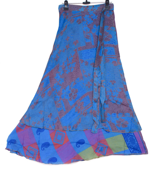 Sushila Vintage Art Silk Saree Magic Wrap Reversible Skirt Handmade Blue Beach Dress