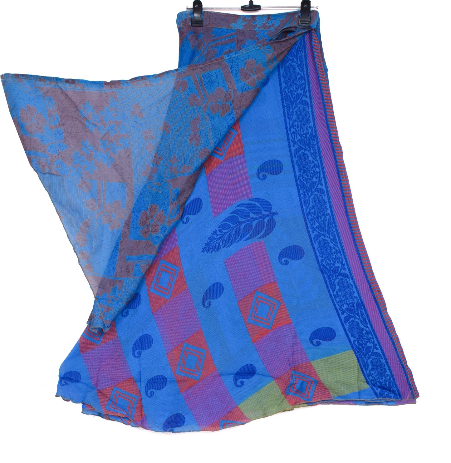 Sushila Vintage Art Silk Saree Magic Wrap Reversible Skirt Handmade Blue Beach Dress