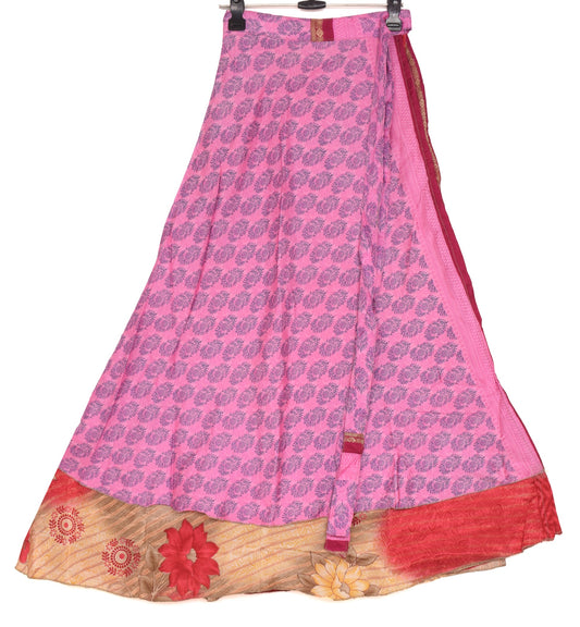 Sushila Vintage Handmade Saree Magic Wrap Reversible Skirt Art Silk Beach Dress Pink