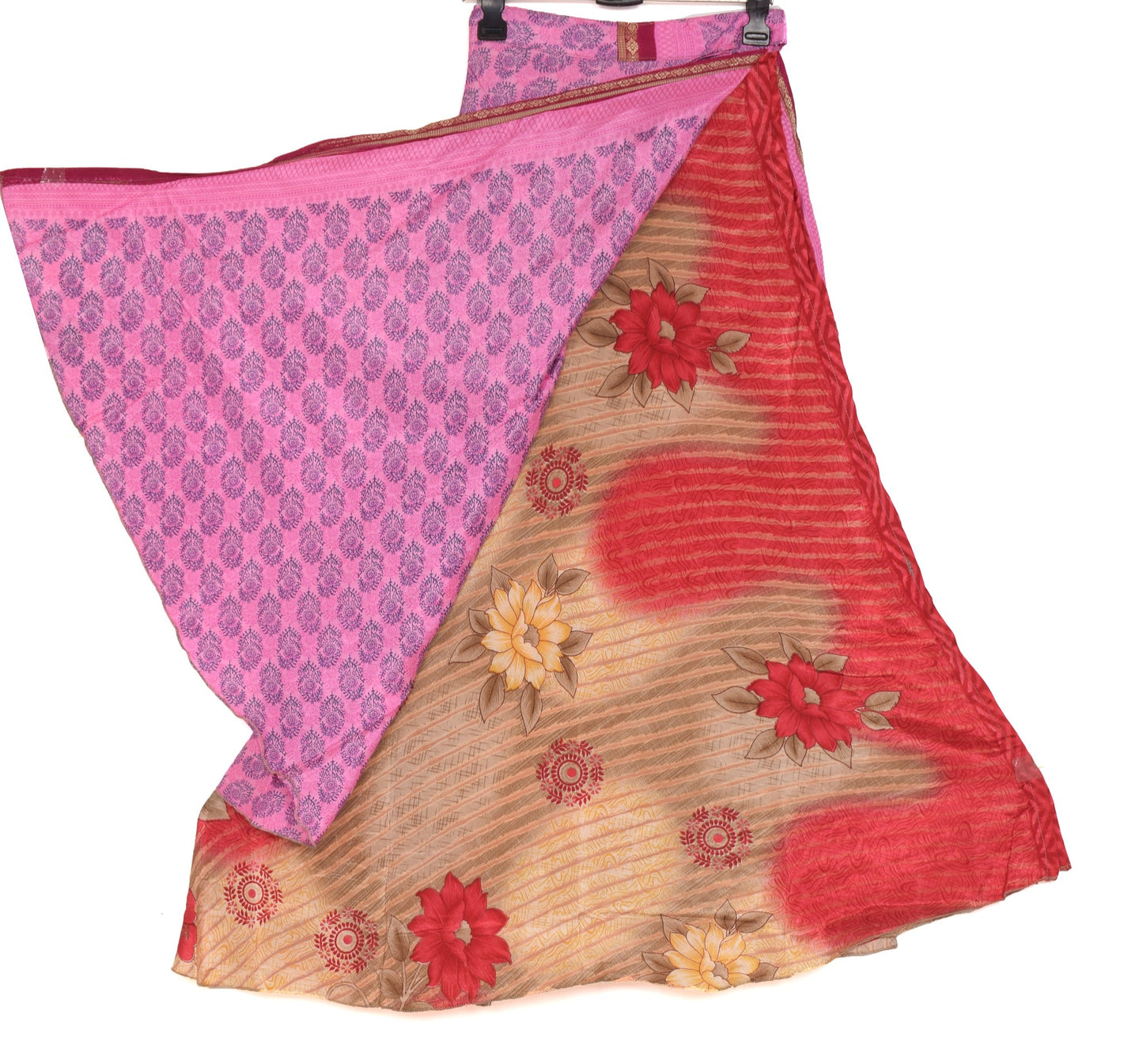 Sushila Vintage Handmade Saree Magic Wrap Reversible Skirt Art Silk Beach Dress Pink