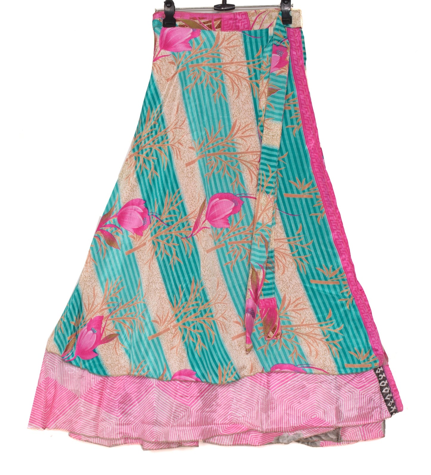 Sushila Vintage Art Silk Saree Magic Wrap Reversible Skirt Floral Pink Beach Dress
