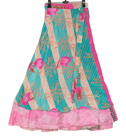 Sushila Vintage Art Silk Saree Magic Wrap Reversible Skirt Floral Pink Beach Dress