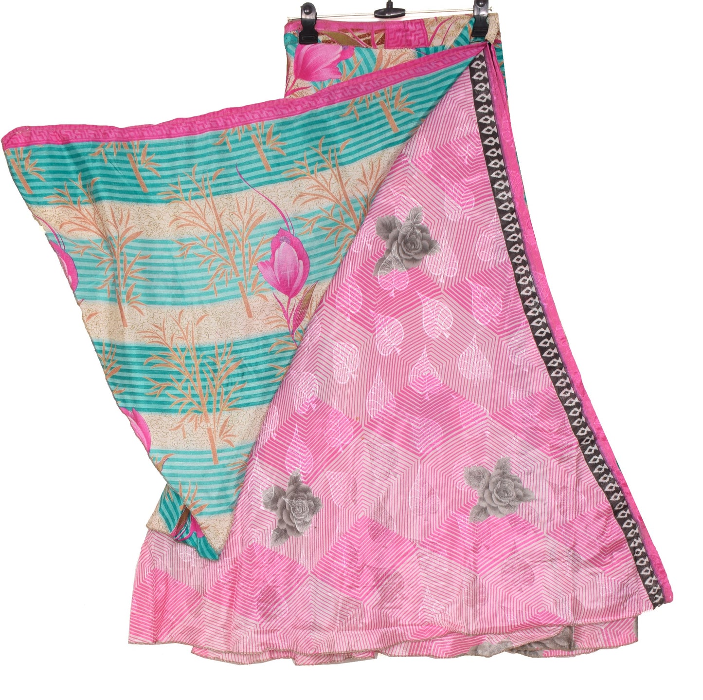Sushila Vintage Art Silk Saree Magic Wrap Reversible Skirt Floral Pink Beach Dress