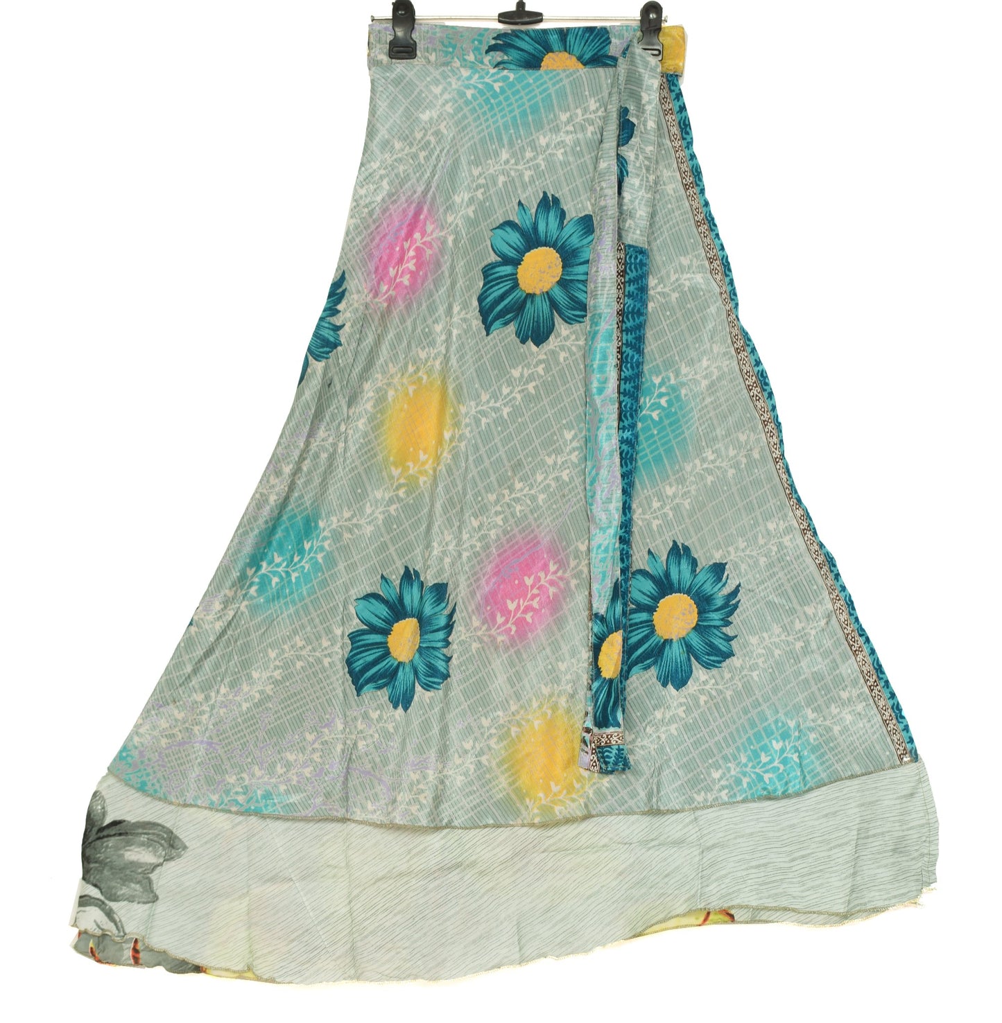 Sushila Vintage Gray Art Silk Saree Magic Wrap Reversible Skirt Beach Dress