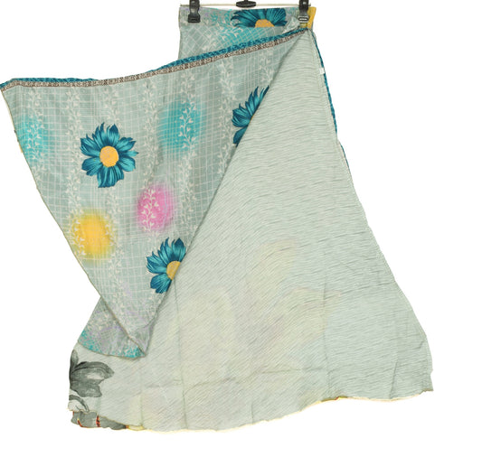 Sushila Vintage Gray Art Silk Saree Magic Wrap Reversible Skirt Beach Dress