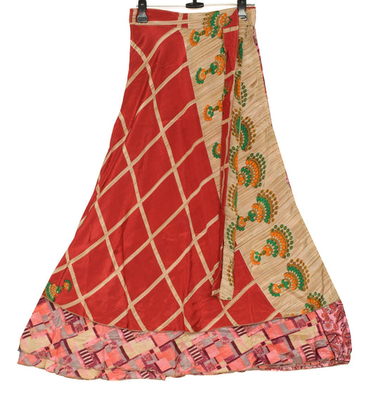Sushila Vintage Red Antique Saree Magic Wrap Reversible Skirt Art Silk Beach Dress