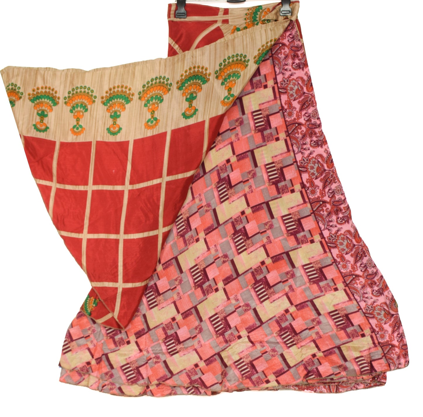 Sushila Vintage Red Antique Saree Magic Wrap Reversible Skirt Art Silk Beach Dress