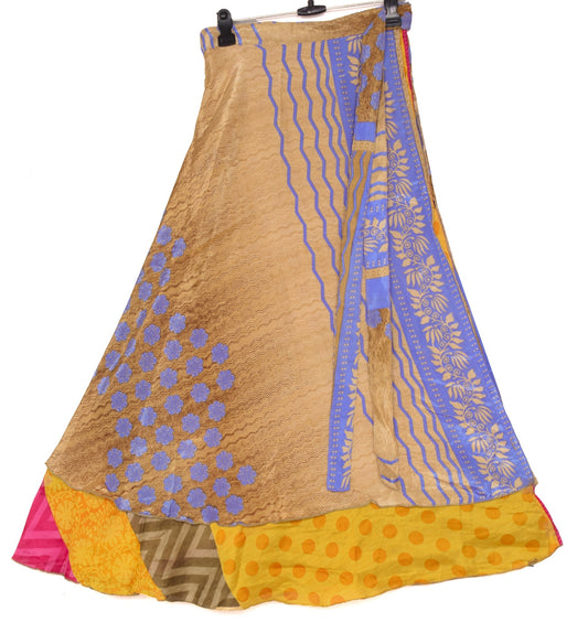 Sushila Vintage Art Silk Saree Magic Wrap Yellow Reversible Skirt Beach Dress