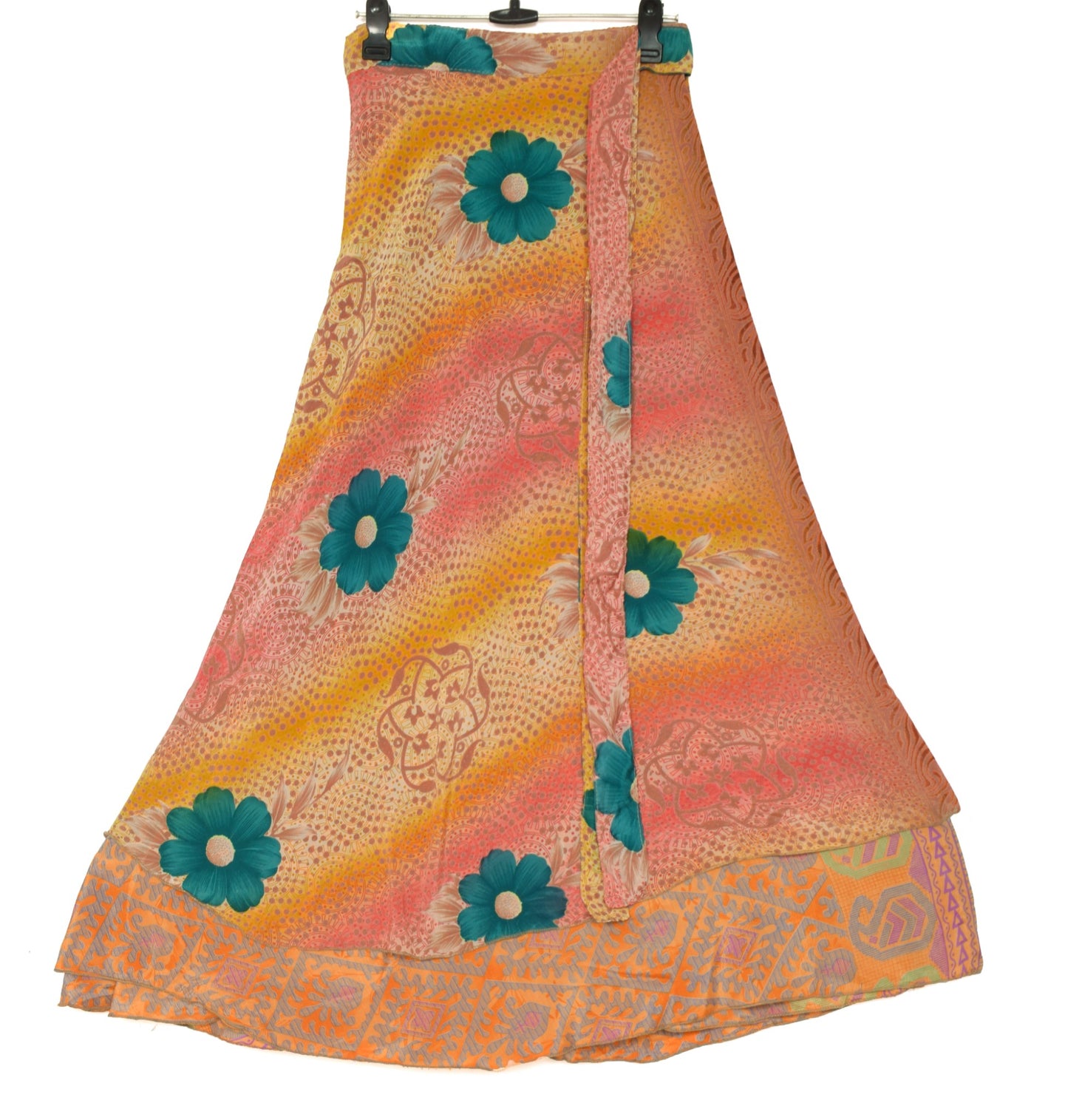 Sushila Vintage Art Silk Saree Magic Wrap Reversible Skirt Floral Orange Beach Dress
