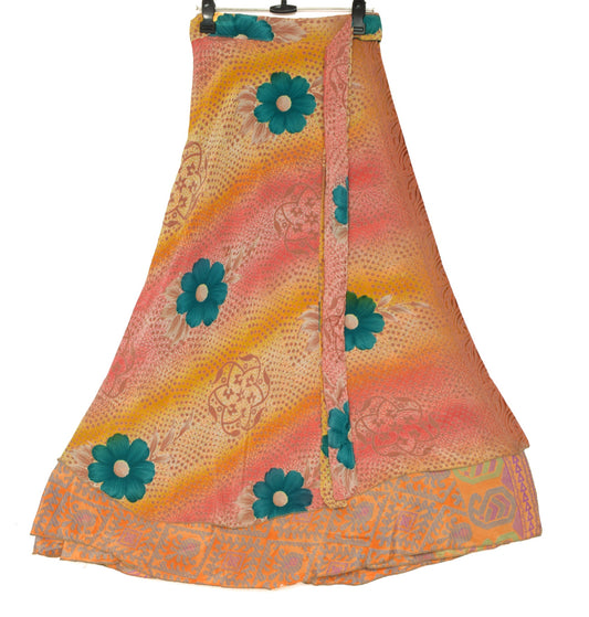 Sushila Vintage Art Silk Saree Magic Wrap Reversible Skirt Floral Orange Beach Dress