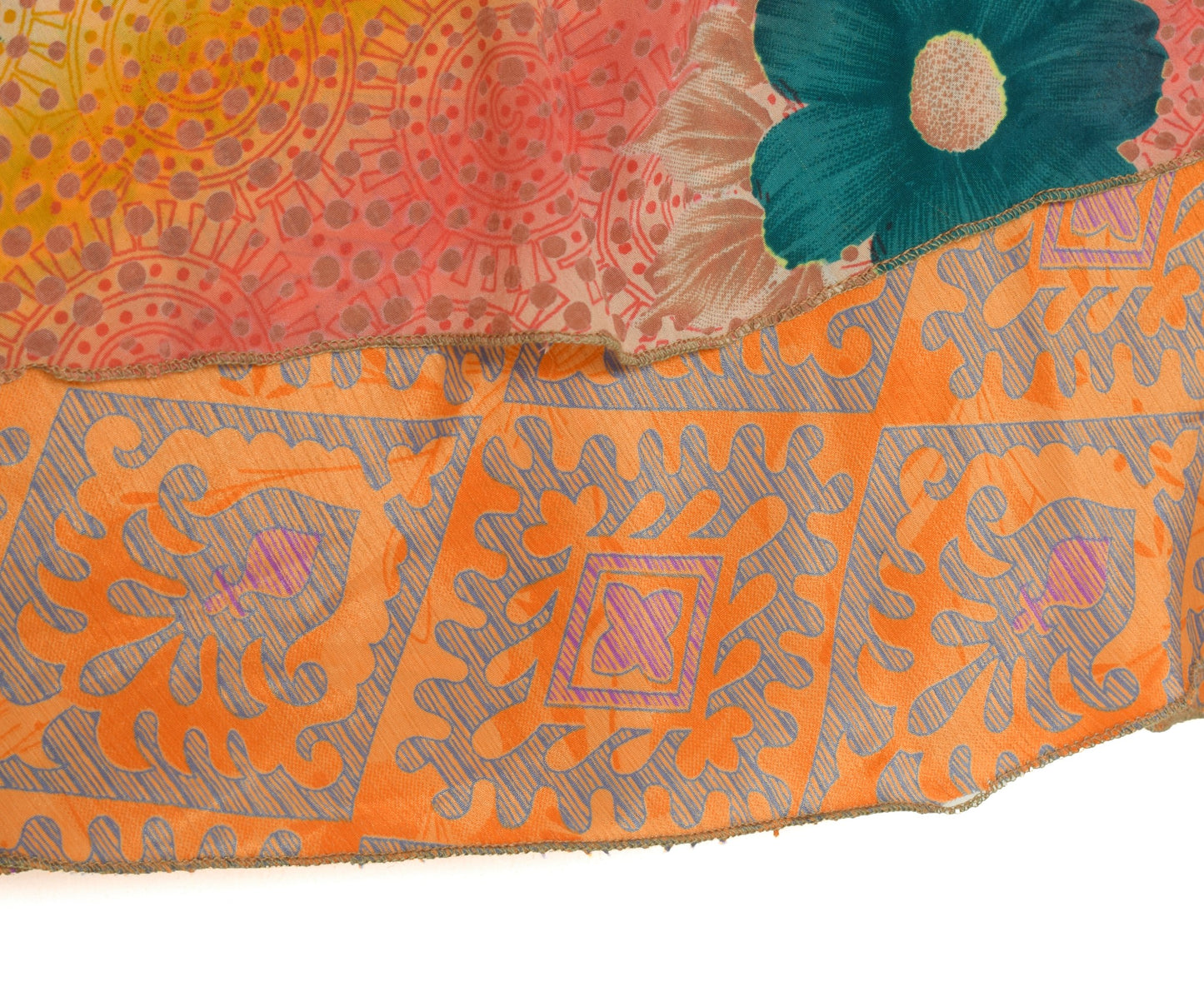 Sushila Vintage Art Silk Saree Magic Wrap Reversible Skirt Floral Orange Beach Dress