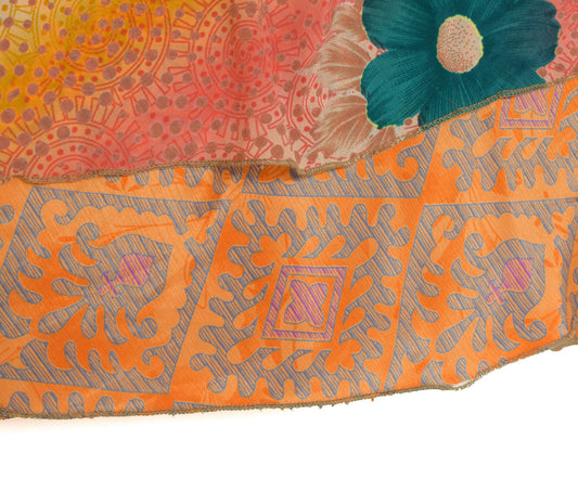 Sushila Vintage Art Silk Saree Magic Wrap Reversible Skirt Floral Orange Beach Dress