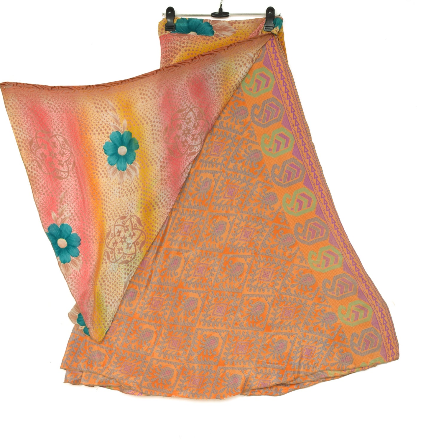 Sushila Vintage Art Silk Saree Magic Wrap Reversible Skirt Floral Orange Beach Dress