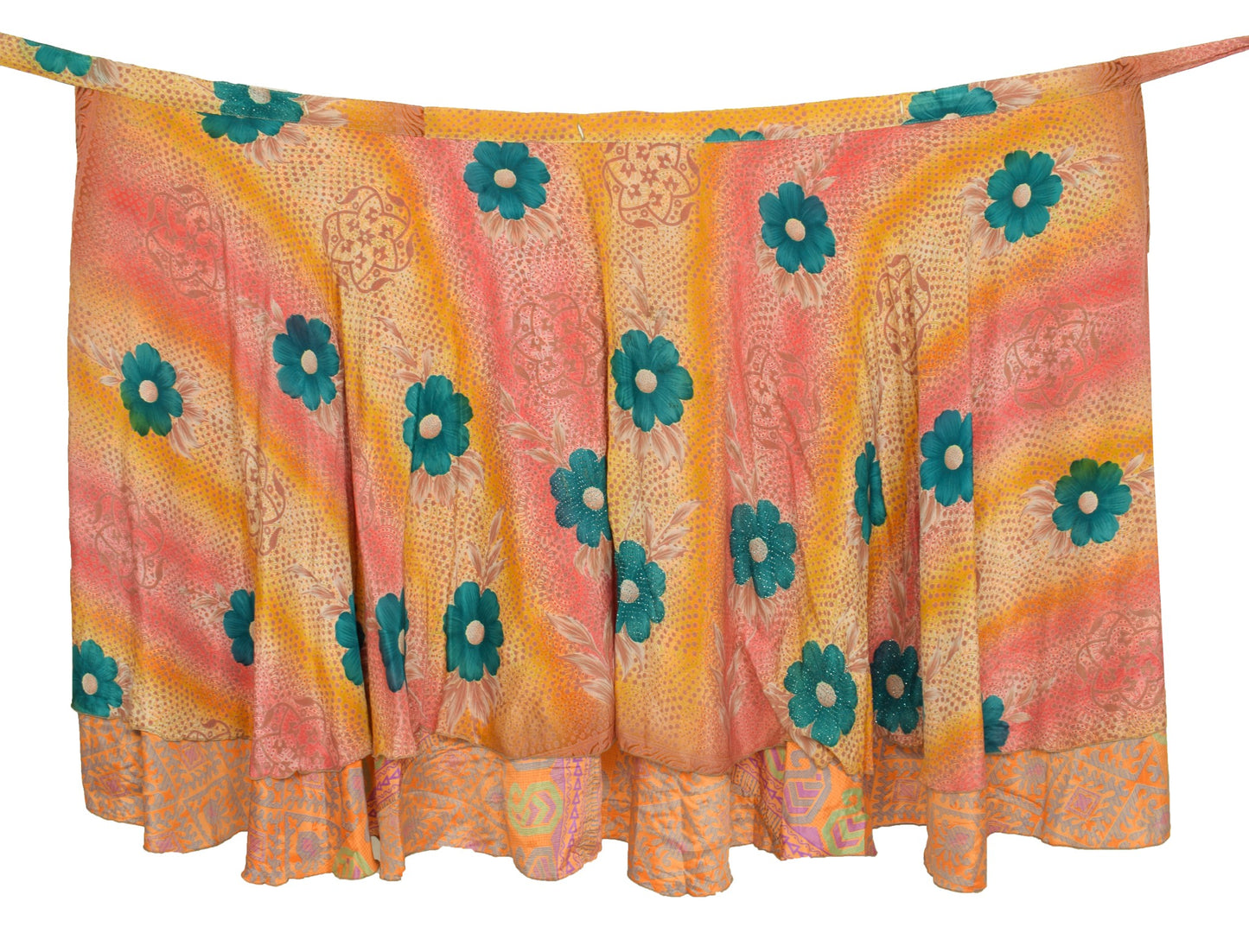 Sushila Vintage Art Silk Saree Magic Wrap Reversible Skirt Floral Orange Beach Dress