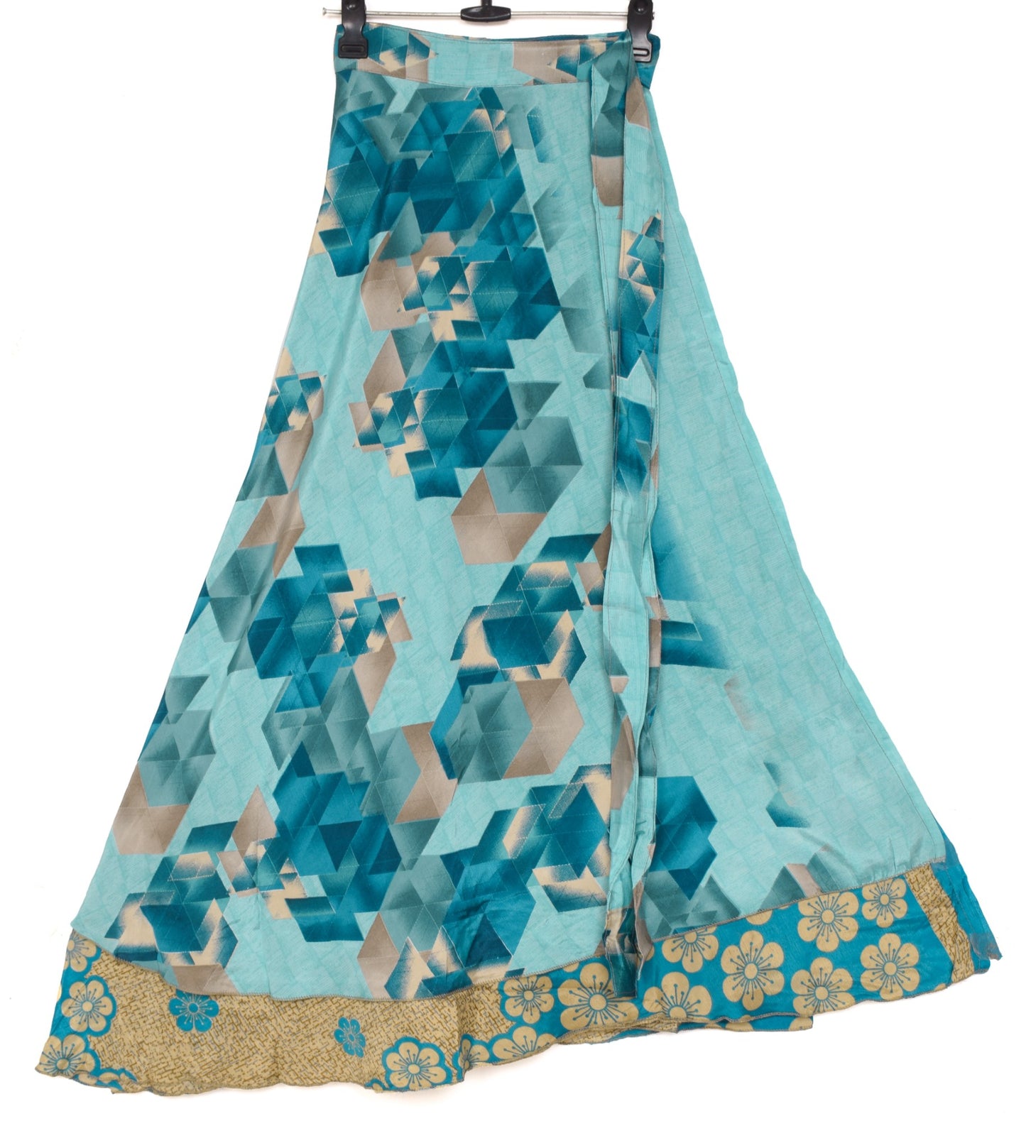 Sushila Vintage Art Silk Saree Magic Wrap Reversible Skirt Aqua Blue BeachDress