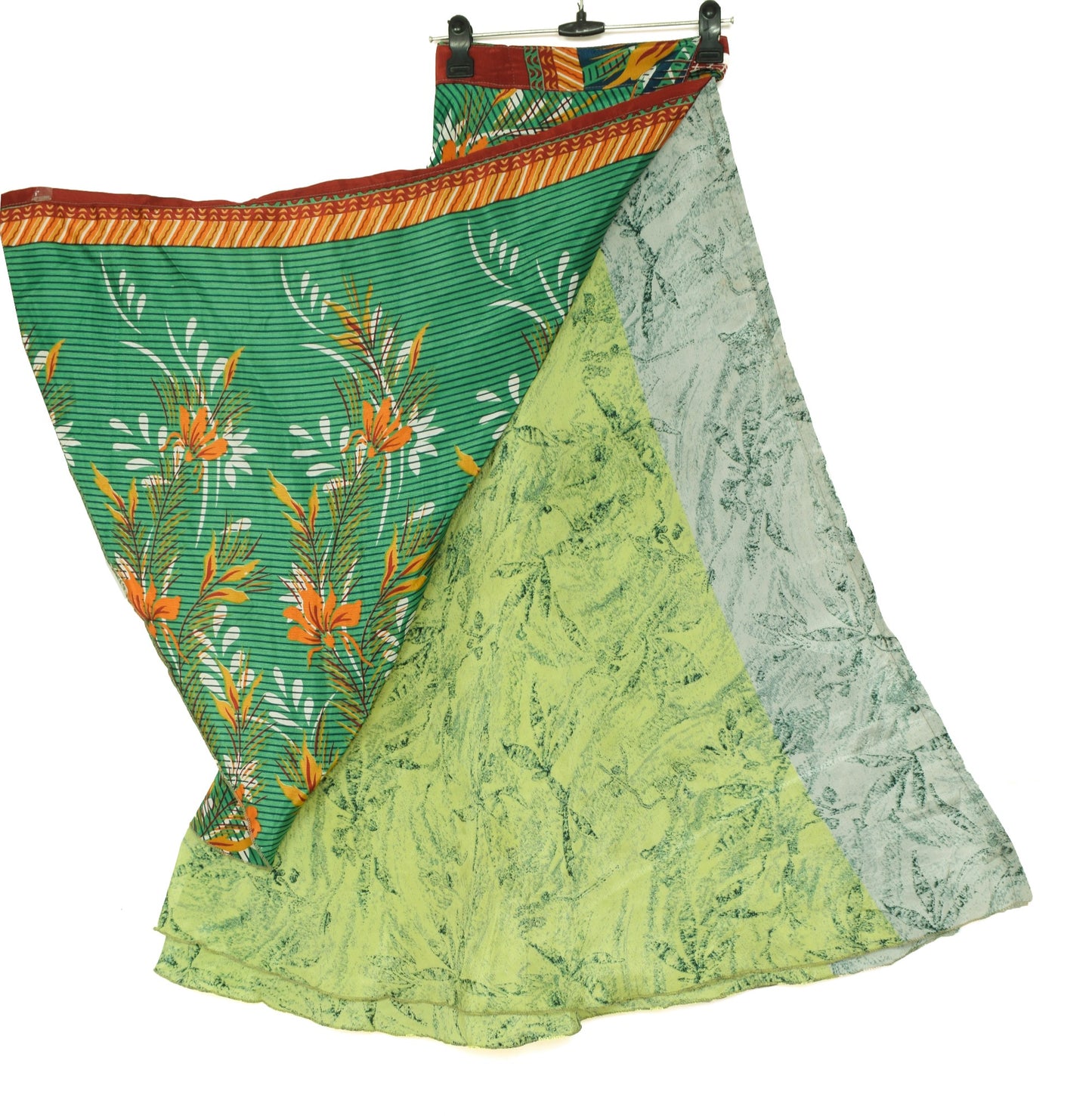 Sushila Vintage Green Gray Saree Magic Wrap Reversible Skirt Art Silk Beach Dress
