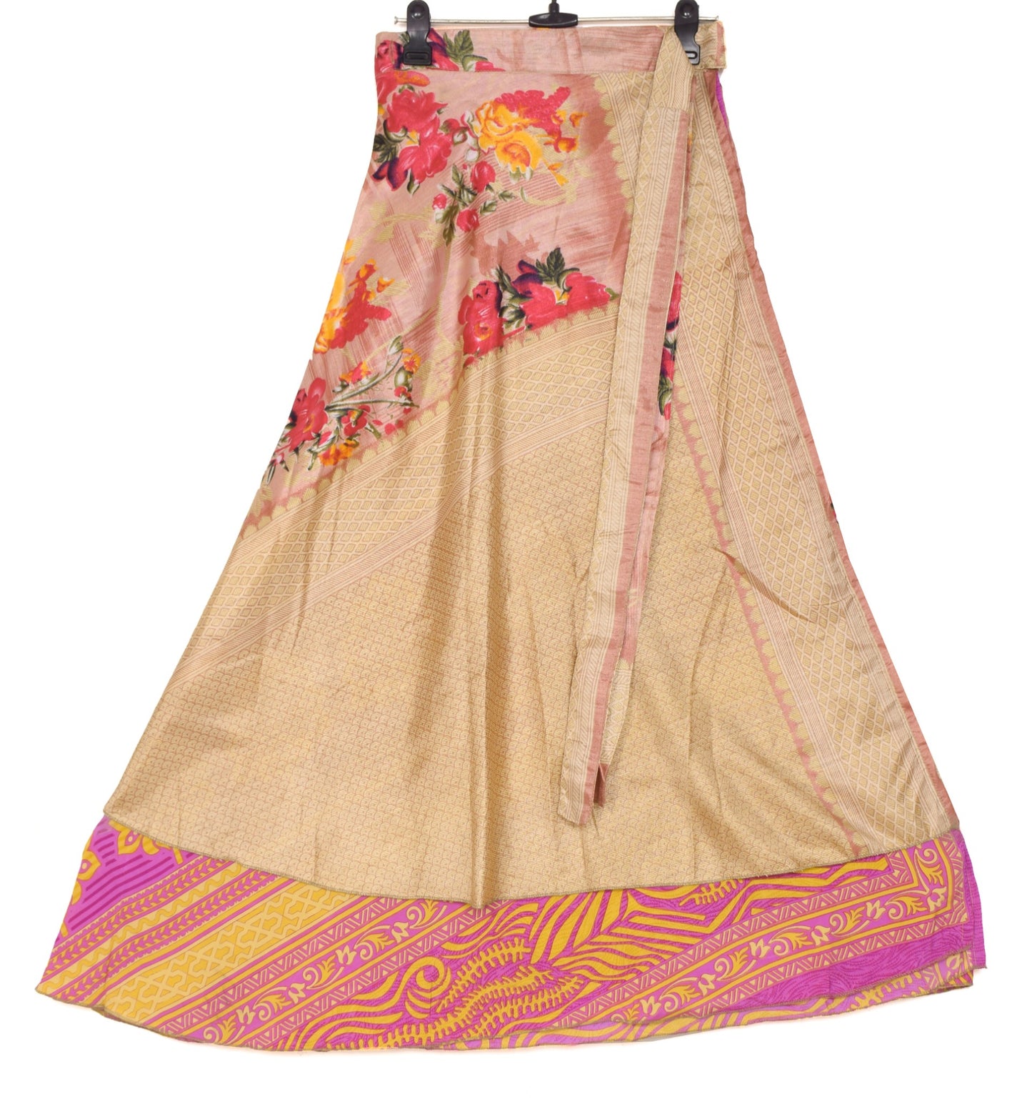 Sushila Vintage Art Silk Saree Magic Wrap Reversible Skirt Yellow Pink Beach Dress