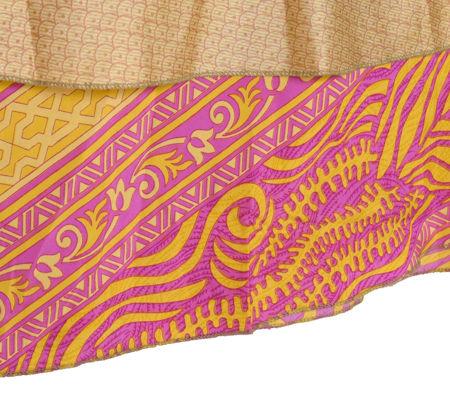 Sushila Vintage Art Silk Saree Magic Wrap Reversible Skirt Yellow Pink Beach Dress