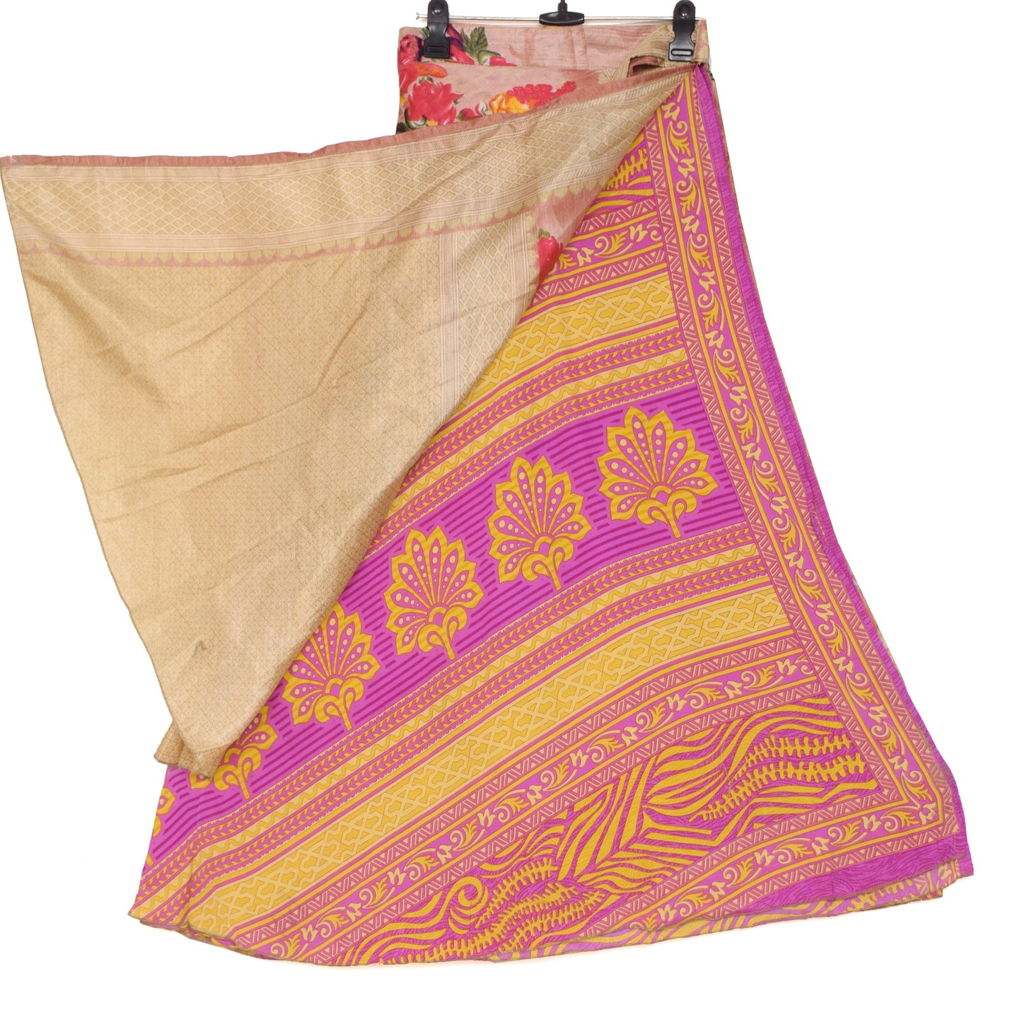 Sushila Vintage Art Silk Saree Magic Wrap Reversible Skirt Yellow Pink Beach Dress