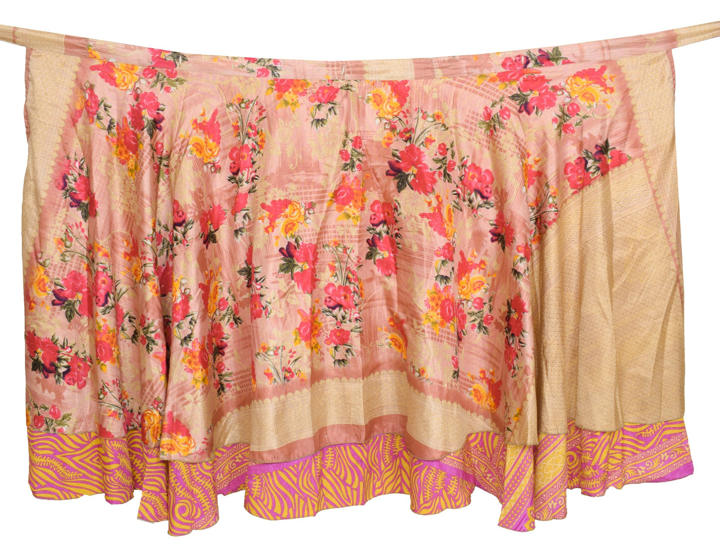 Sushila Vintage Art Silk Saree Magic Wrap Reversible Skirt Yellow Pink Beach Dress