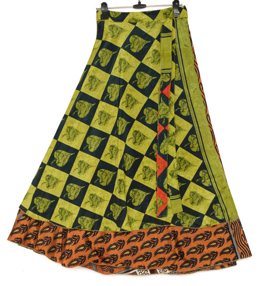 Sushila Vintage Brown Art Silk Saree Magic Wrap Reversible Skirt Beach Dress