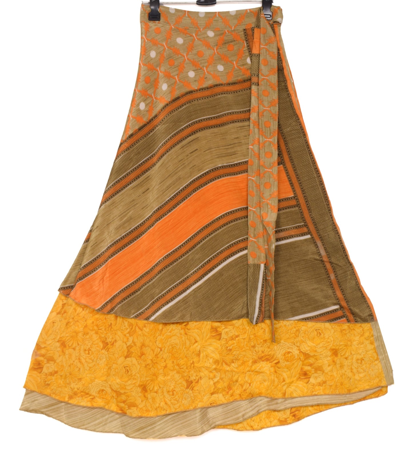 Sushila Vintage Art Silk Saree Magic Wrap Reversible Skirt Floral Yellow Beach Dress