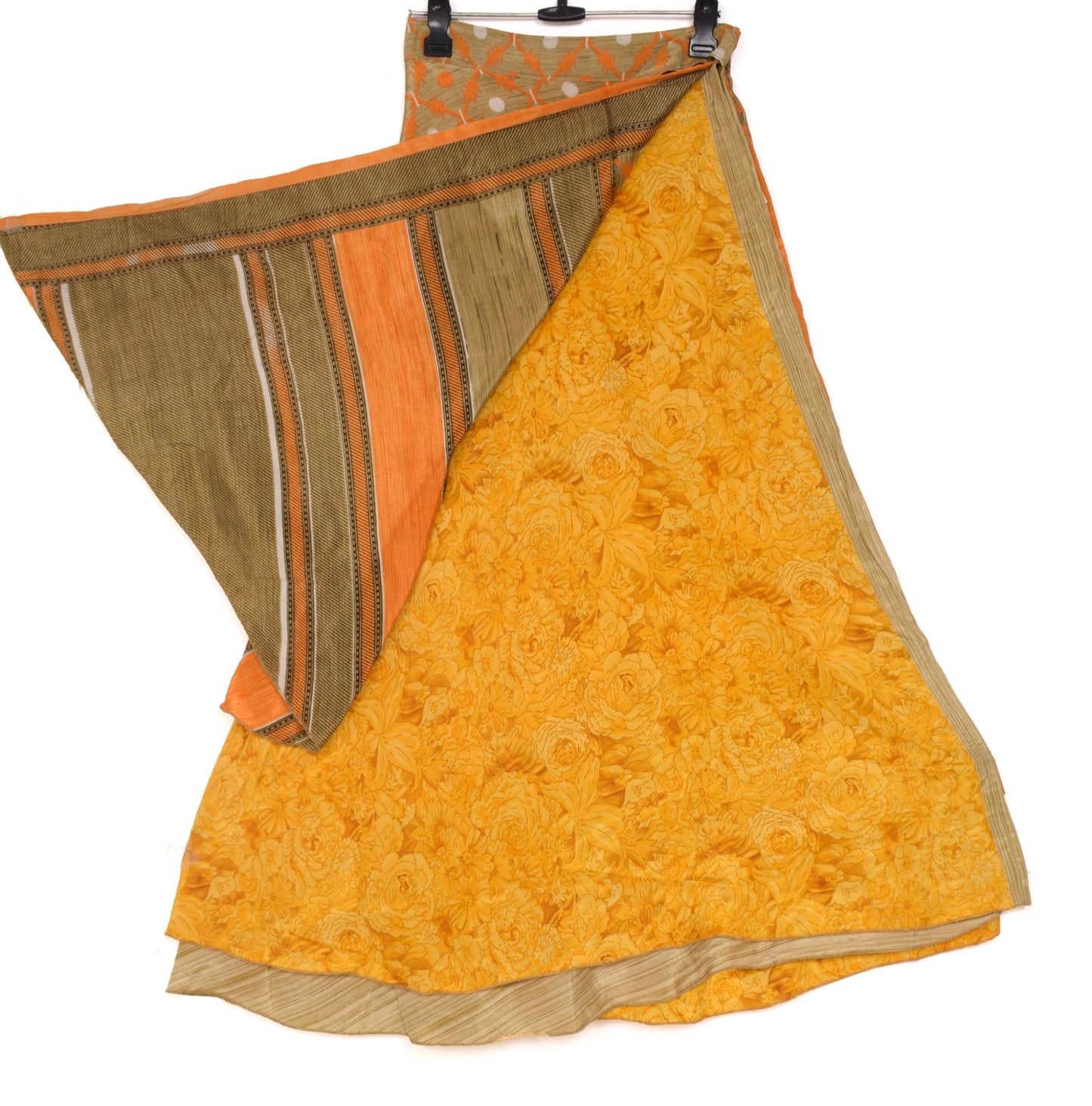 Sushila Vintage Art Silk Saree Magic Wrap Reversible Skirt Floral Yellow Beach Dress