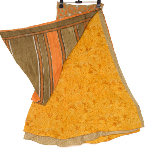 Sushila Vintage Art Silk Saree Magic Wrap Reversible Skirt Floral Yellow Beach Dress