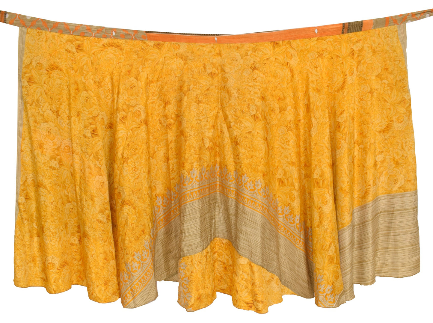 Sushila Vintage Art Silk Saree Magic Wrap Reversible Skirt Floral Yellow Beach Dress