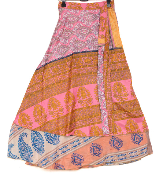 Sushila Vintage Peach Floral Saree Magic Wrap Reversible Skirt Art Silk Beach Dress