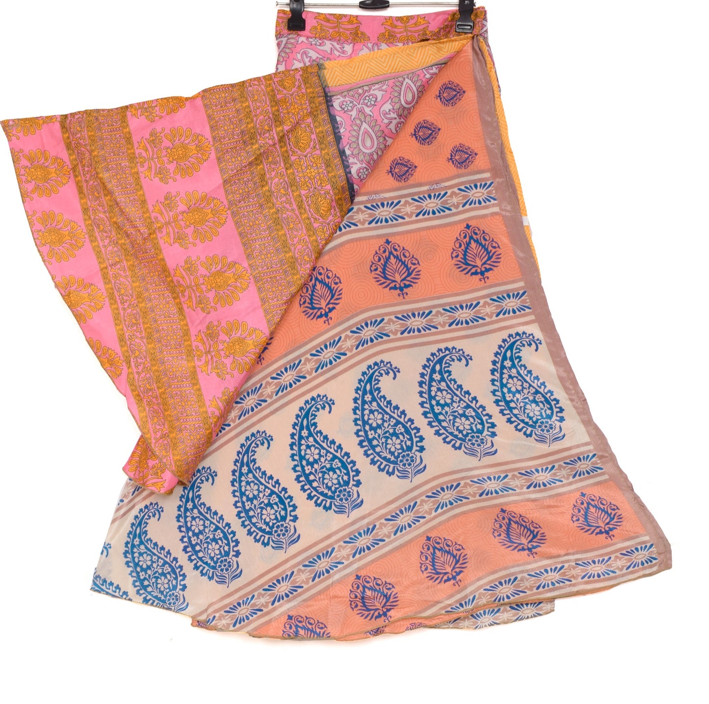 Sushila Vintage Peach Floral Saree Magic Wrap Reversible Skirt Art Silk Beach Dress