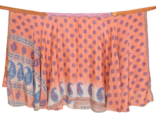 Sushila Vintage Peach Floral Saree Magic Wrap Reversible Skirt Art Silk Beach Dress