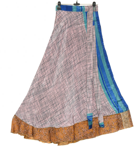 Sushila Vintage Pink Checks Art Silk Saree Magic Wrap Reversible Skirt Beach Dress