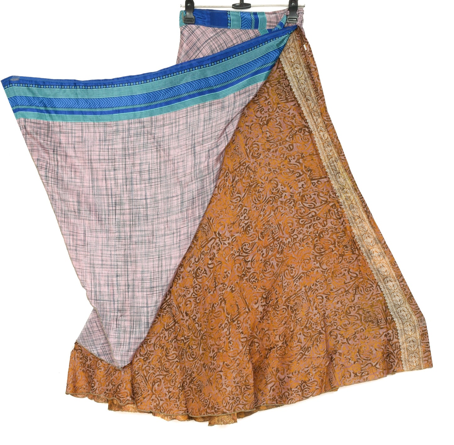Sushila Vintage Pink Checks Art Silk Saree Magic Wrap Reversible Skirt Beach Dress