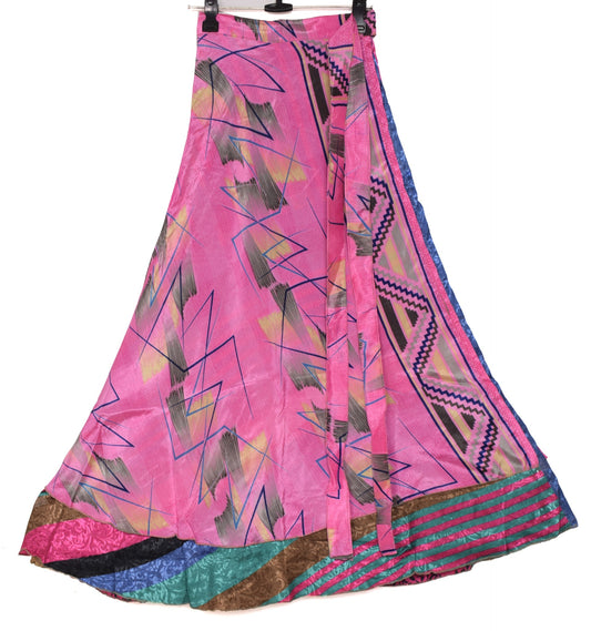 Sushila Vintage Art Silk Saree Magic Wrap Multi-Color Reversible Skirt Beach Dress