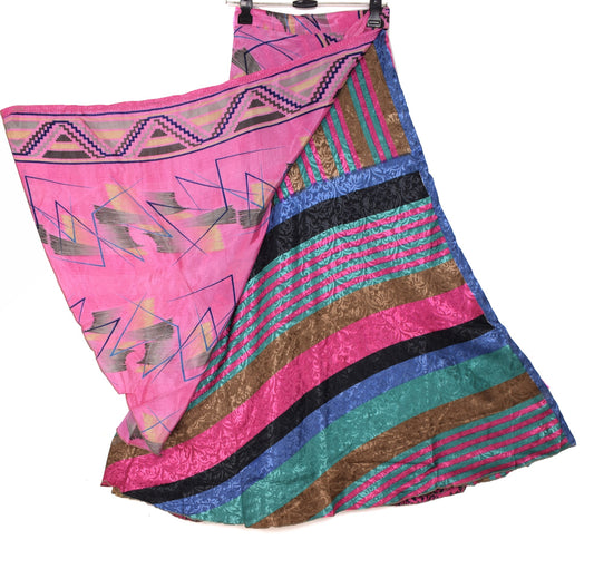 Sushila Vintage Art Silk Saree Magic Wrap Multi-Color Reversible Skirt Beach Dress