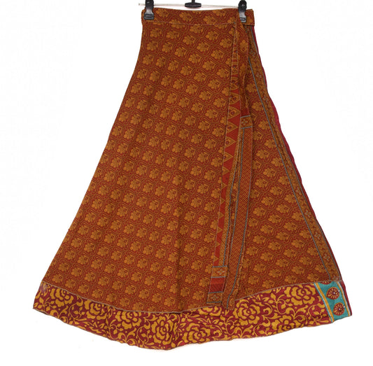 Sushila Vintage Floral Saree Magic Wrap Reversible Skirt Art Silk Red Beach Dress