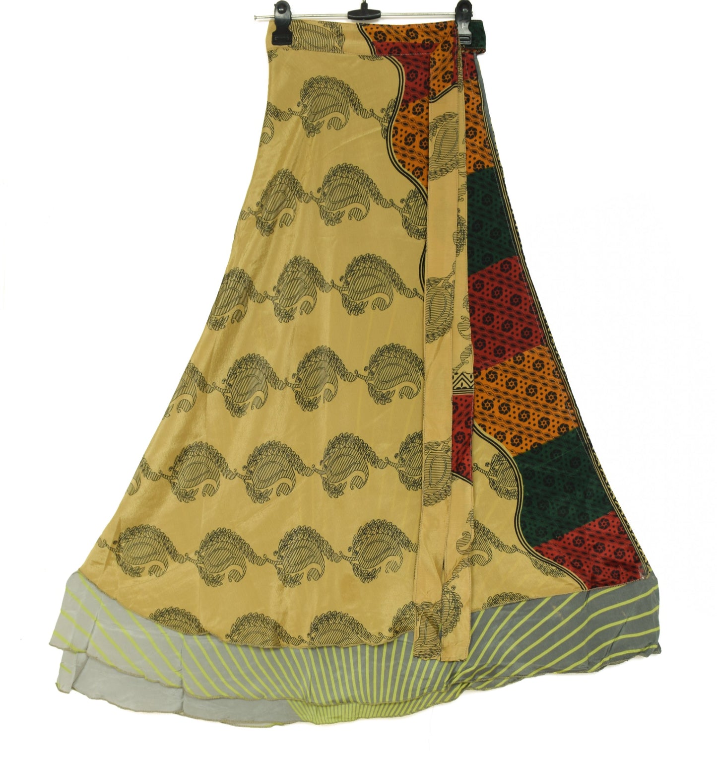 Sushila Vintage Art Silk Saree Magic Wrap Reversible Skirt Gray Green Beach Dress