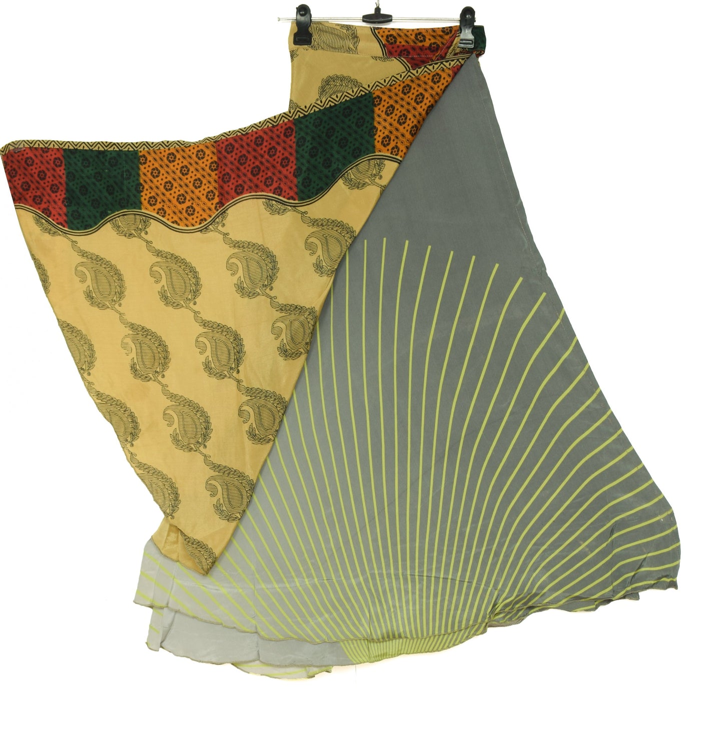 Sushila Vintage Art Silk Saree Magic Wrap Reversible Skirt Gray Green Beach Dress