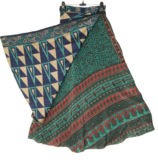 Sushila Vintage Antique Print Saree Magic Wrap Reversible Skirt Art Silk Beach Dress