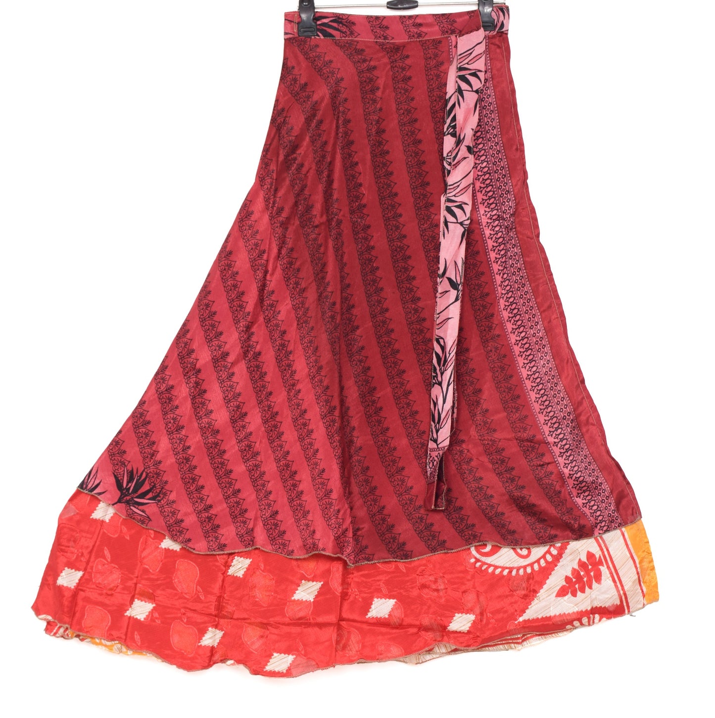 Sushila Vintage Art Silk Saree Magic Wrap Reversible Skirt Red Yellow Beach Dress
