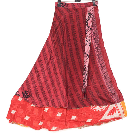 Sushila Vintage Art Silk Saree Magic Wrap Reversible Skirt Red Yellow Beach Dress